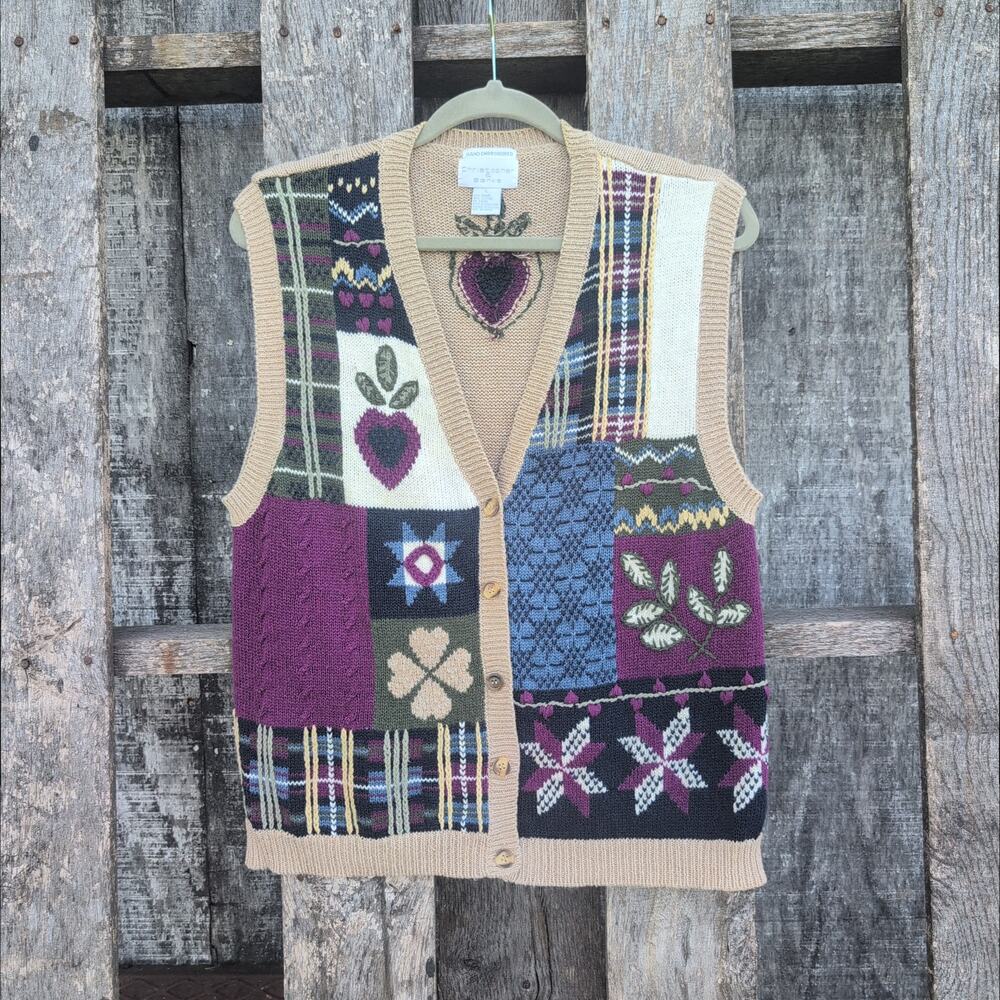 Vintage Christopher & Banks Hand Embroidered Vest Purple Tan Women's L